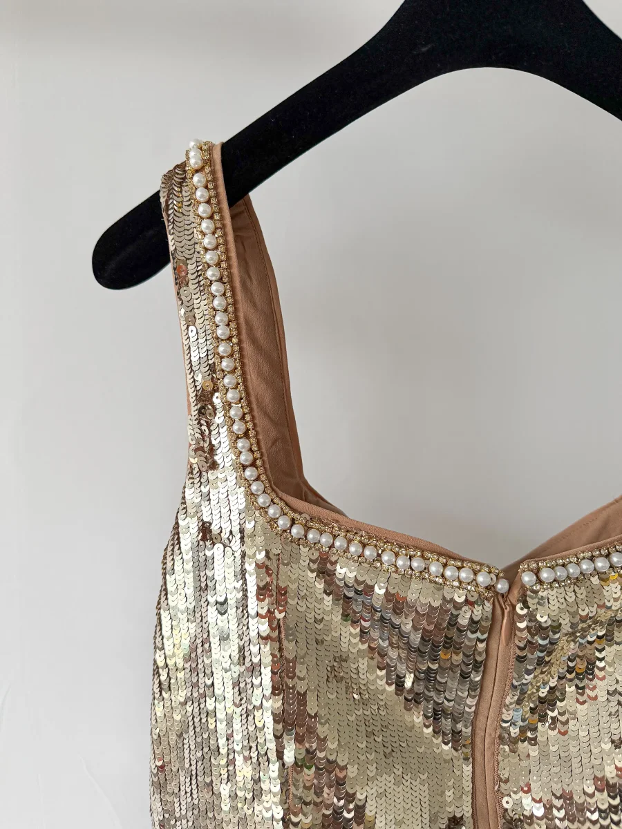 Self-Portrait x Disney Gold Sequin Pearl Detail Mini Dress - Imagen 6