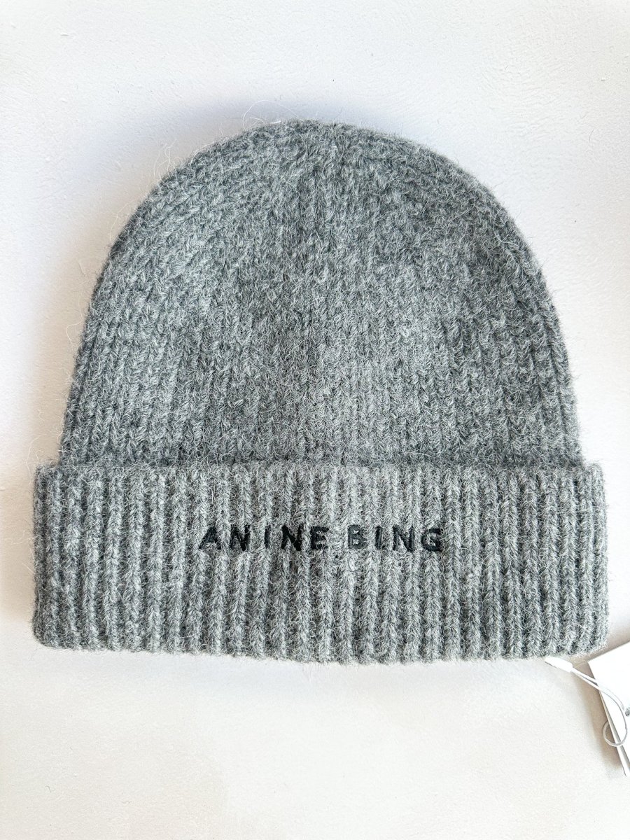 Anine Bing Elia Logo Embroidered Alpaca Wool Blend Ribbed Grey Beanie Hat - Imagen 5