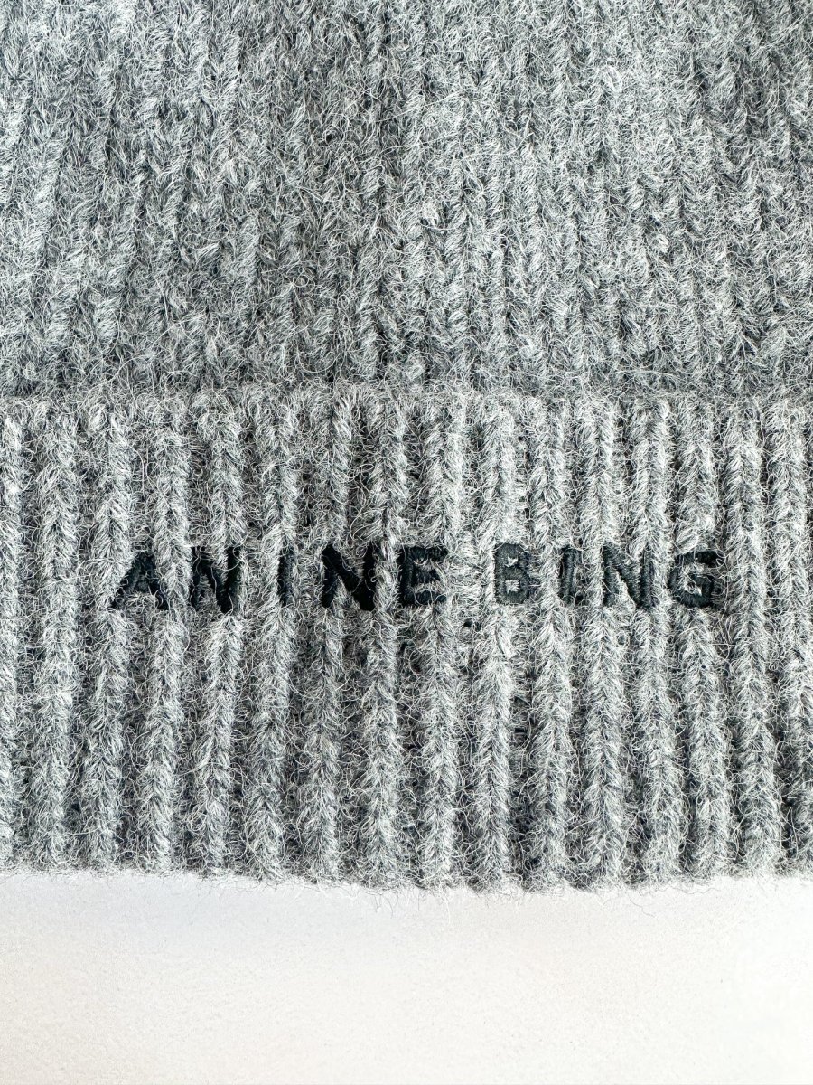 Anine Bing Elia Logo Embroidered Alpaca Wool Blend Ribbed Grey Beanie Hat - Imagen 6
