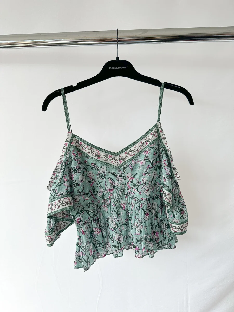 Isabel Marant Etoile Garuva Off-Shoulder Cotton Blue Floral Top - Imagen 7