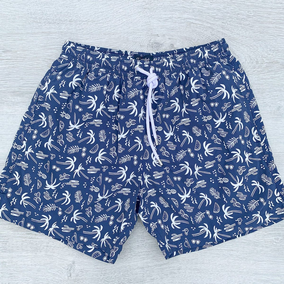 Drake's Navy Swim Shorts With White Palm Tree Holiday Print