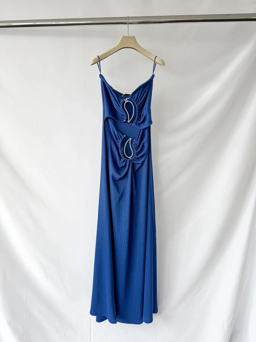 Christopher Esber Blue Paisley Metal Bar Ruched Disconnect Strapless Dress - Imagen 3