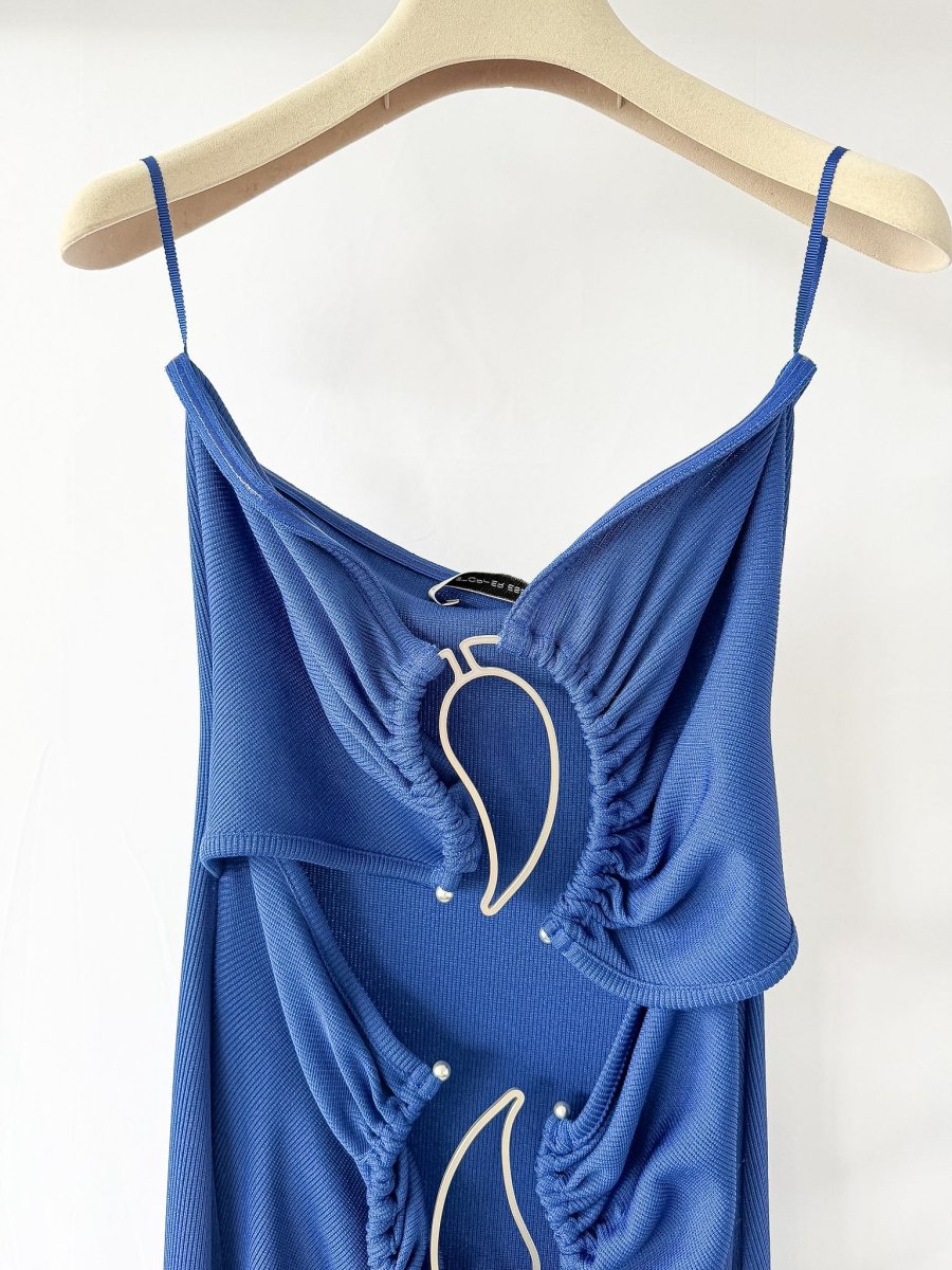 Christopher Esber Blue Paisley Metal Bar Ruched Disconnect Strapless Dress - Imagen 7