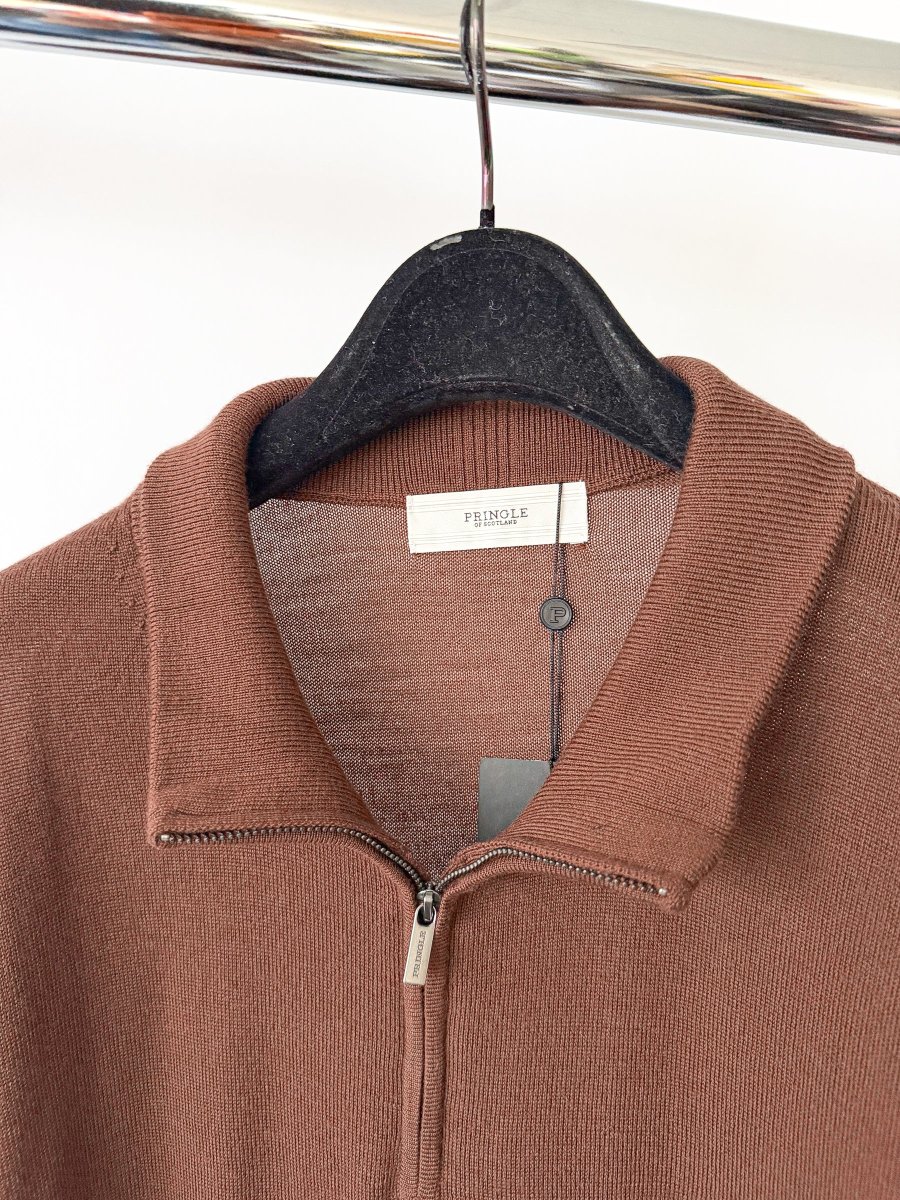 Pringle Of Scotland Qtr Zip Extra Fine Merino Wool Jumper In Brown
