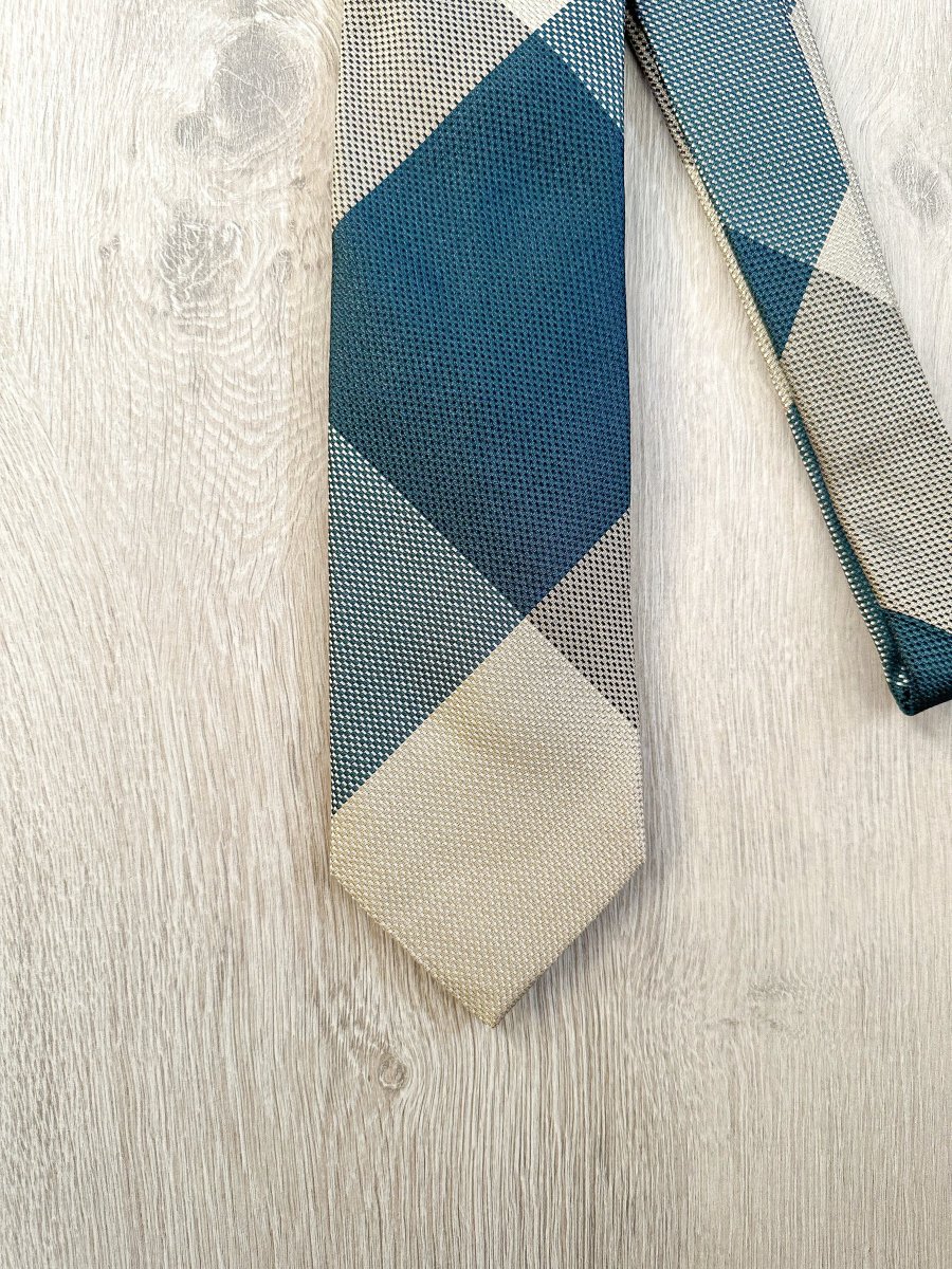 Drake's Michael J. Drake Grenadine Silk Teal Grey Colour Block Tie - Imagen 4