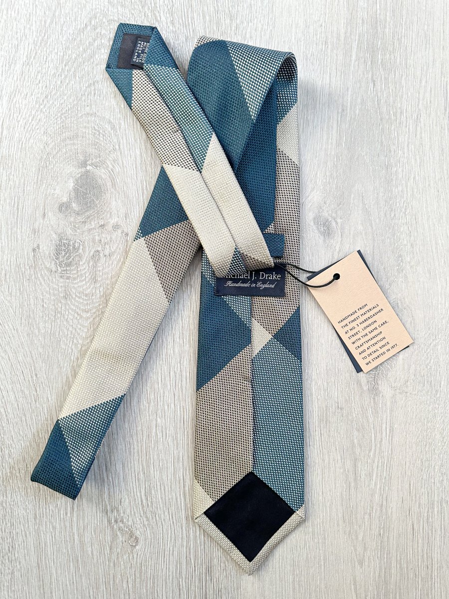 Drake's Michael J. Drake Grenadine Silk Teal Grey Colour Block Tie - Imagen 3