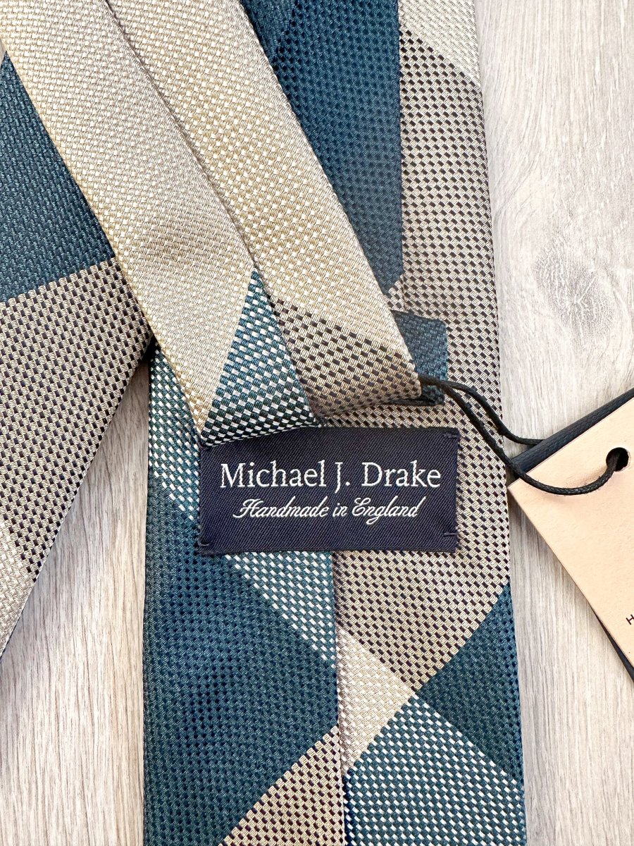 Drake's Michael J. Drake Grenadine Silk Teal Grey Colour Block Tie - Imagen 5