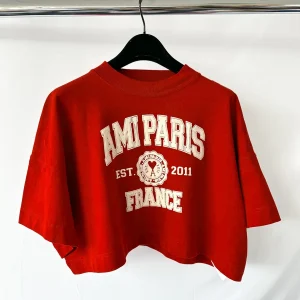 Ami Paris France Logo Front Red Crop Boxy T-Shirt Top