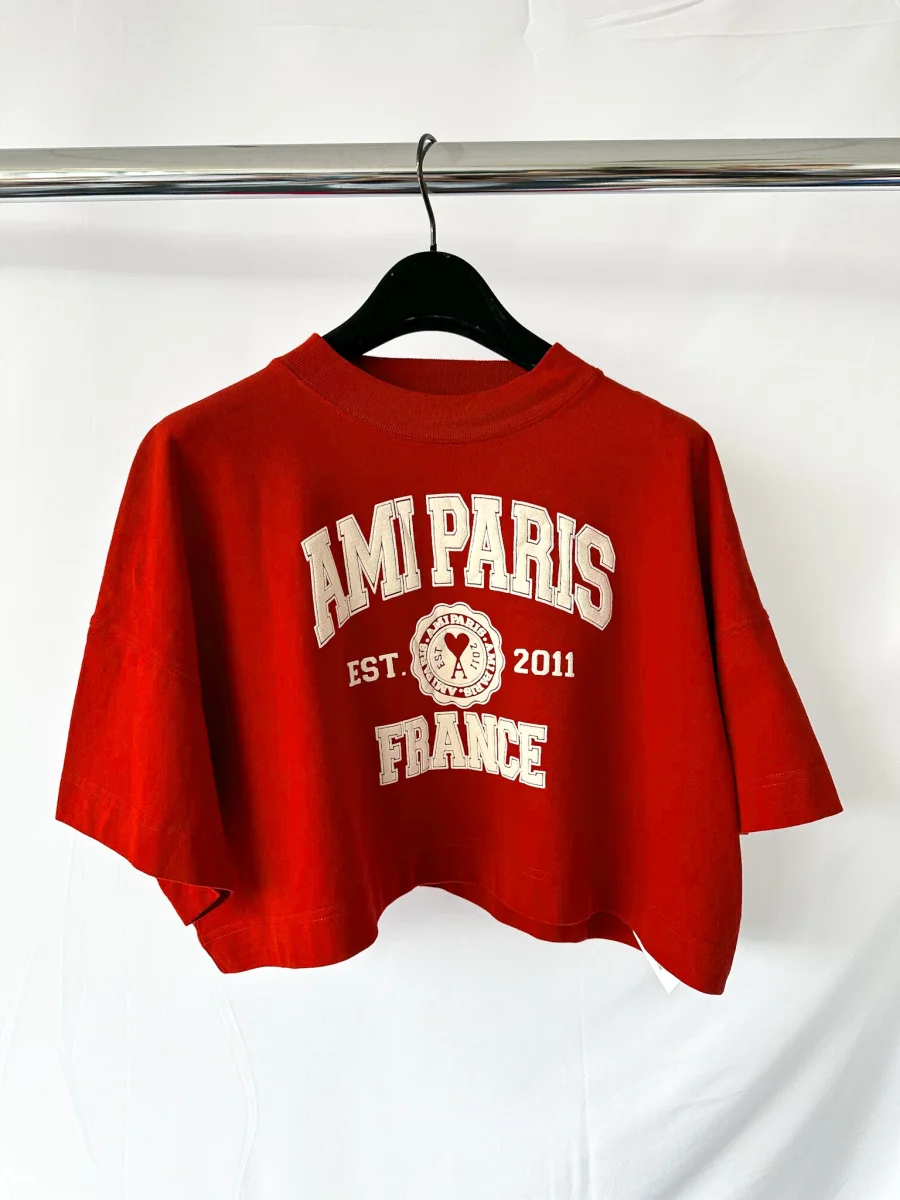 Ami Paris France Logo Front Red Crop Boxy T-Shirt Top - Imagen 2