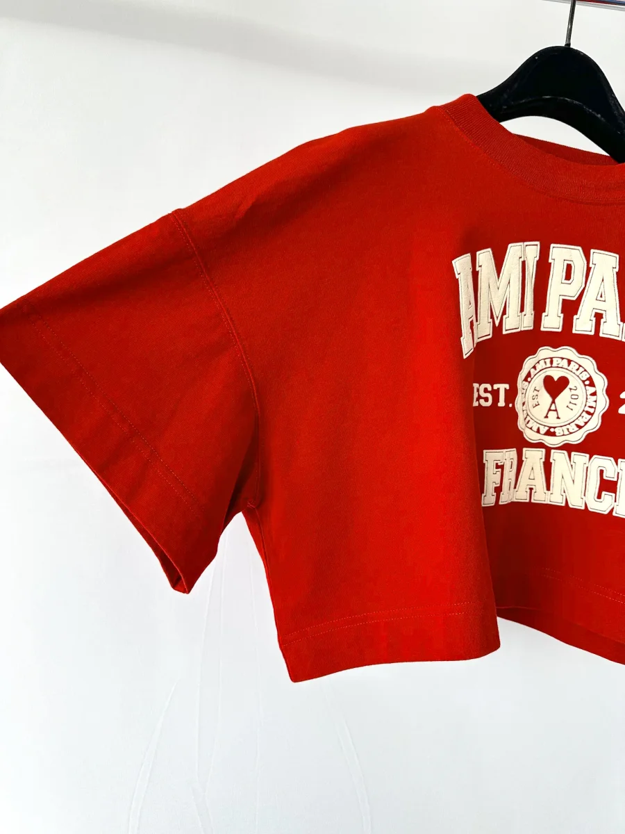 Ami Paris France Logo Front Red Crop Boxy T-Shirt Top - Imagen 9