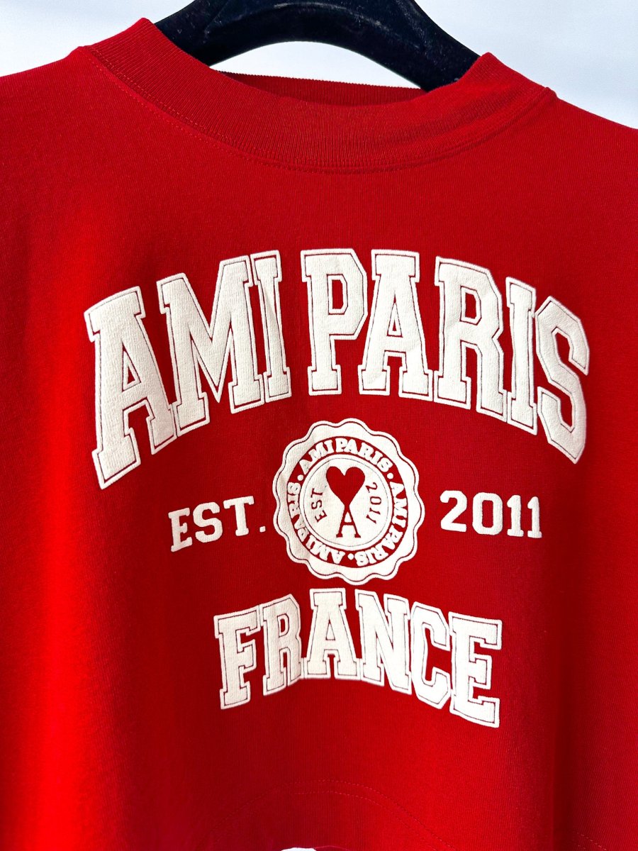 Ami Paris France Logo Front Red Crop Boxy T-Shirt Top - Imagen 7