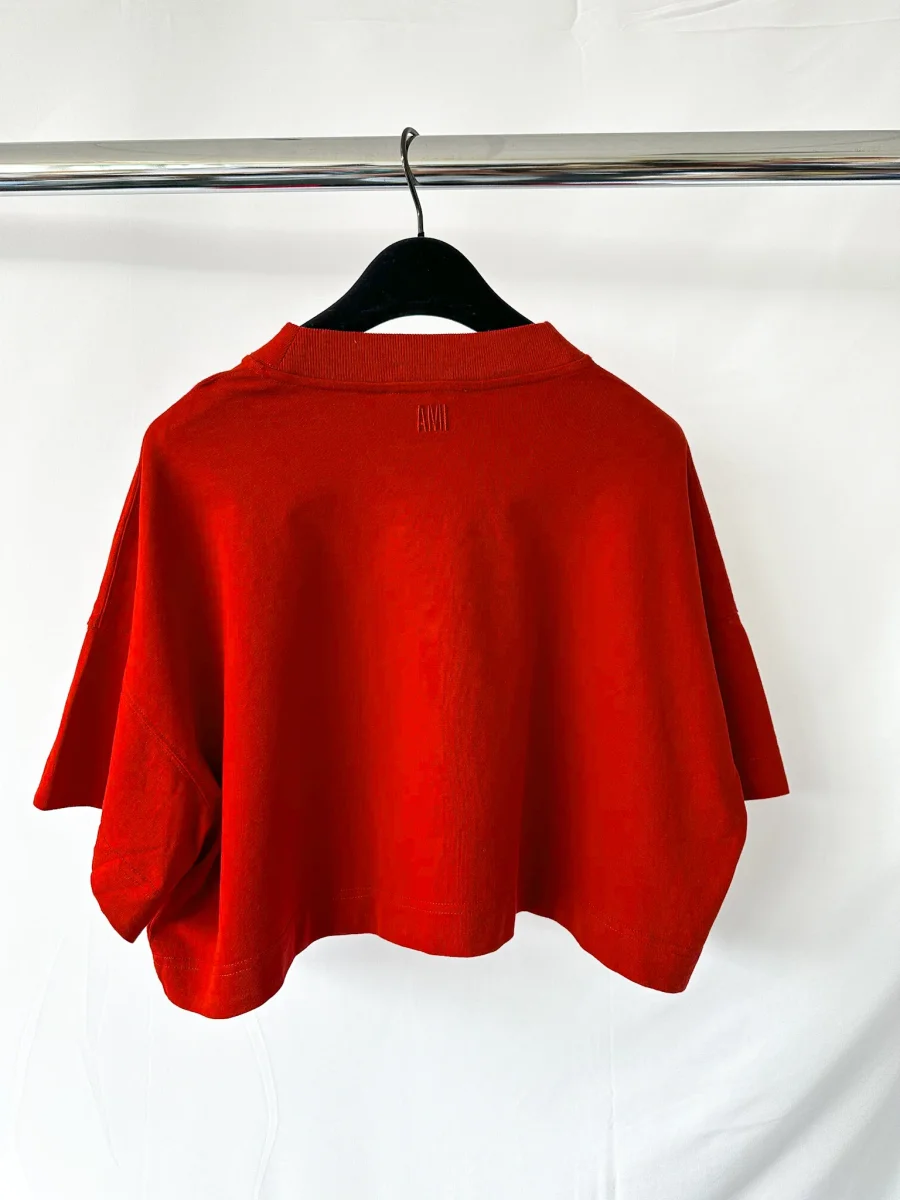 Ami Paris France Logo Front Red Crop Boxy T-Shirt Top - Imagen 5