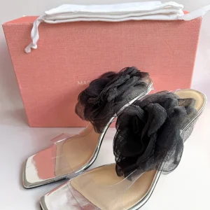 Magda Butrym Black 3D Flower Applique Sandal Heels