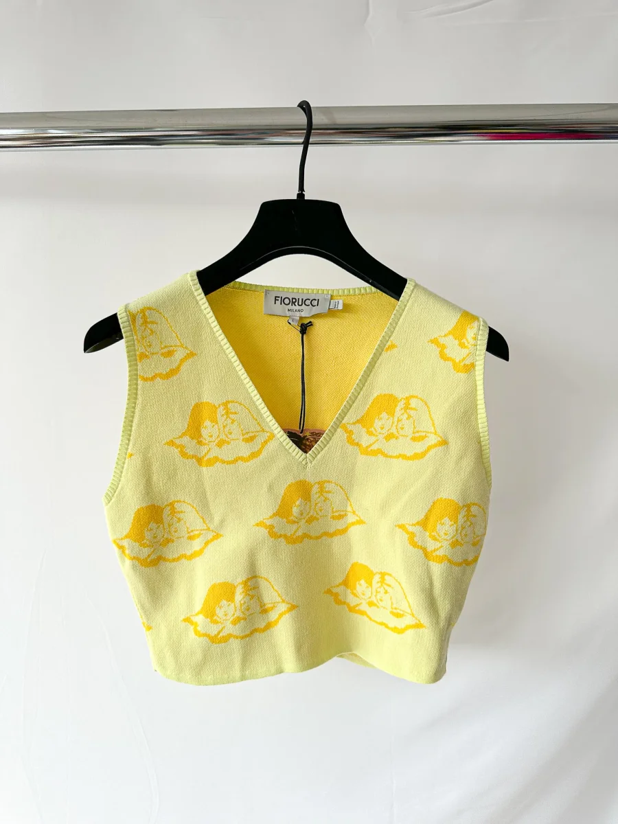 Fiorucci Yellow Angel Cherub Print Knit V-Neck Top - Imagen 3