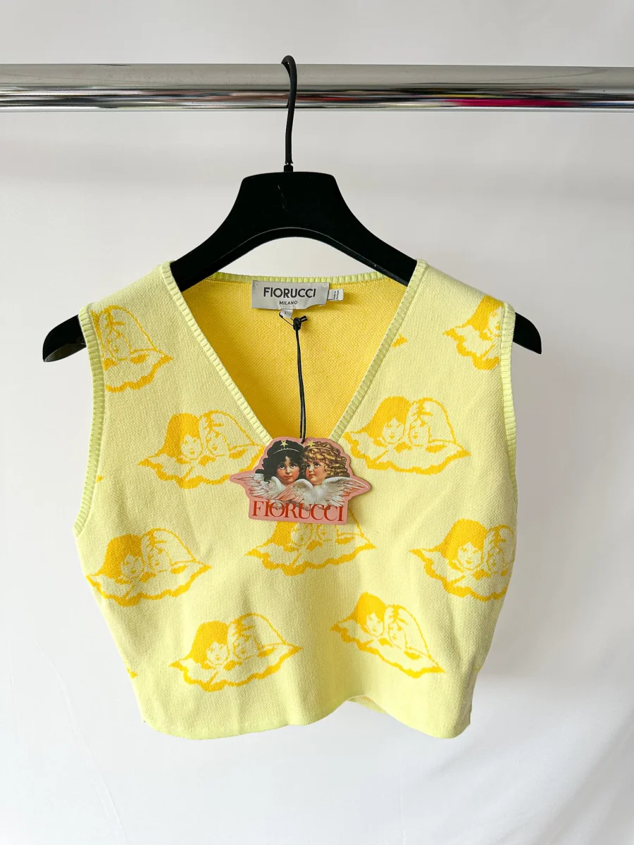 Fiorucci Yellow Angel Cherub Print Knit V-Neck Top - Imagen 7