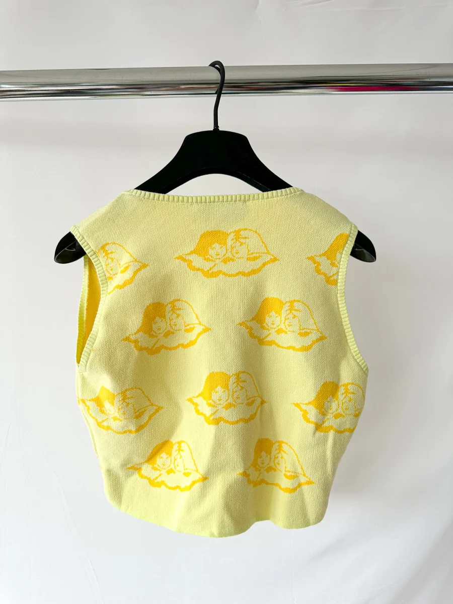 Fiorucci Yellow Angel Cherub Print Knit V-Neck Top - Imagen 5