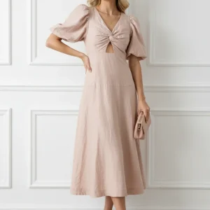 AJE Dusk Pink Knot Front Puff Sleeve Silk Dress