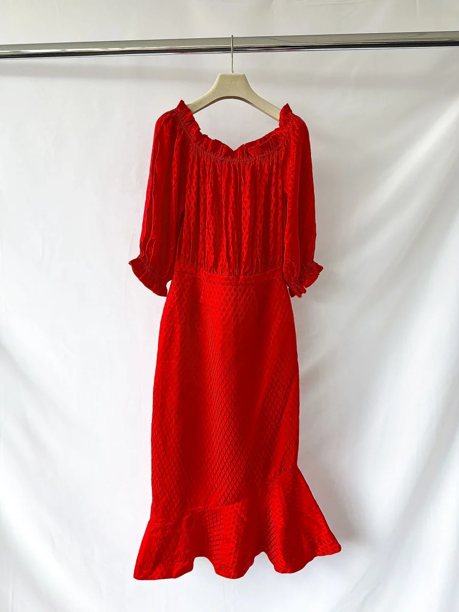 Saloni Grace Off The Shoulder Silk Satin Jacquard Midi Dress - Imagen 3