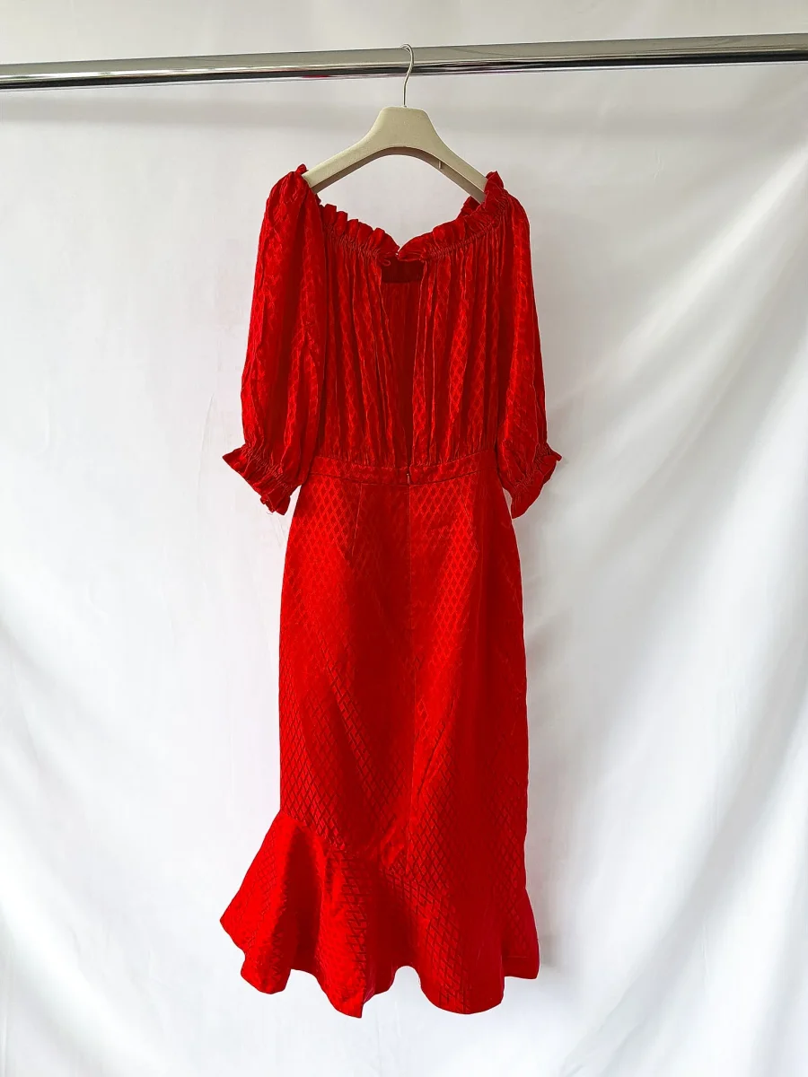Saloni Grace Off The Shoulder Silk Satin Jacquard Midi Dress - Imagen 7