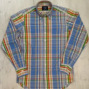 Drake's Blue Multicoloured Check Long Sleeve Shirt