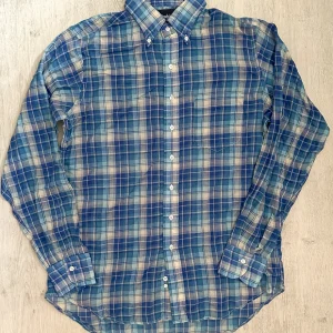 Drake's Blue White Light Weight Check Long Sleeve Collared Shirt