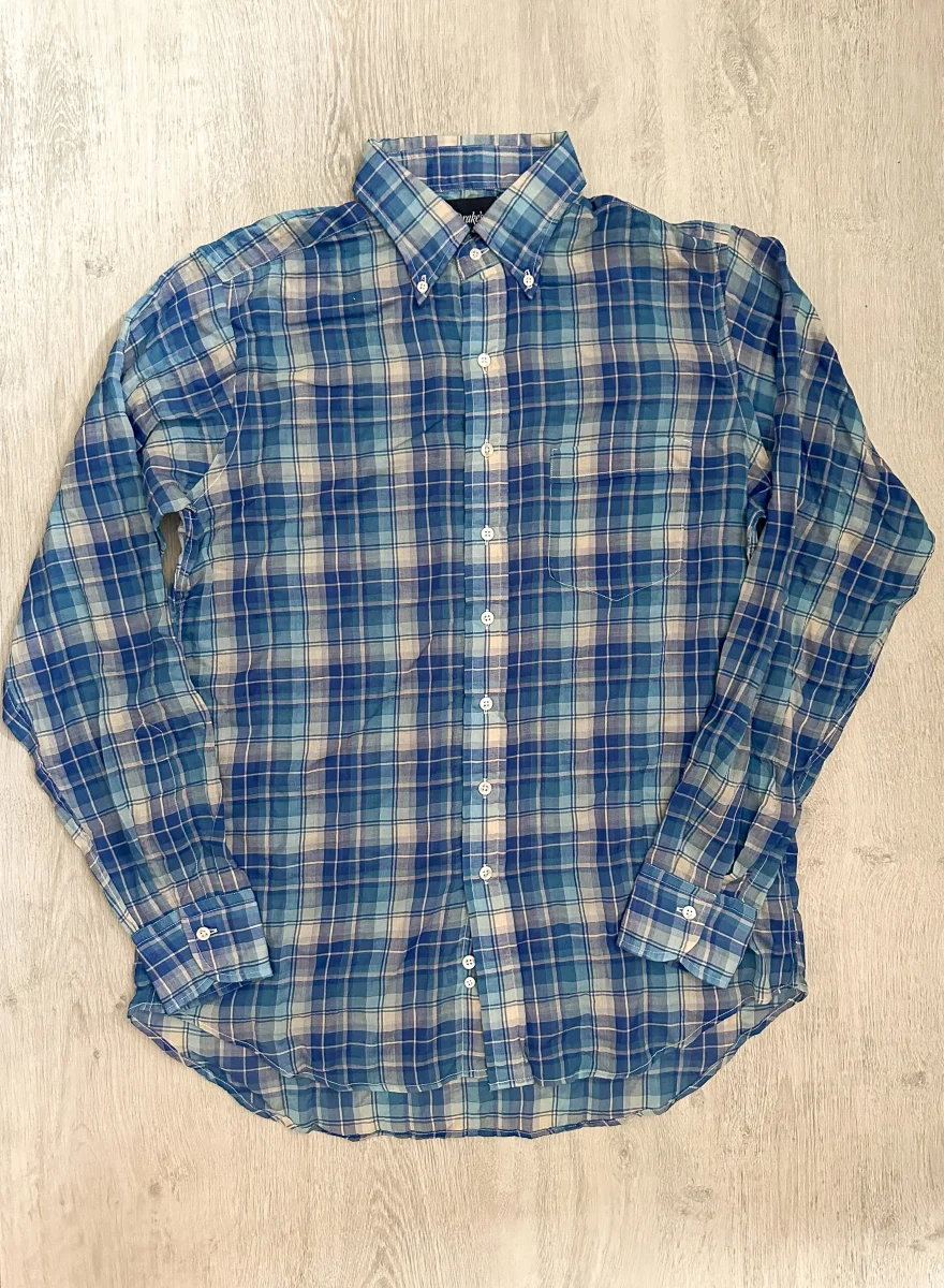 Drake's Blue White Light Weight Check Long Sleeve Collared Shirt - Imagen 2
