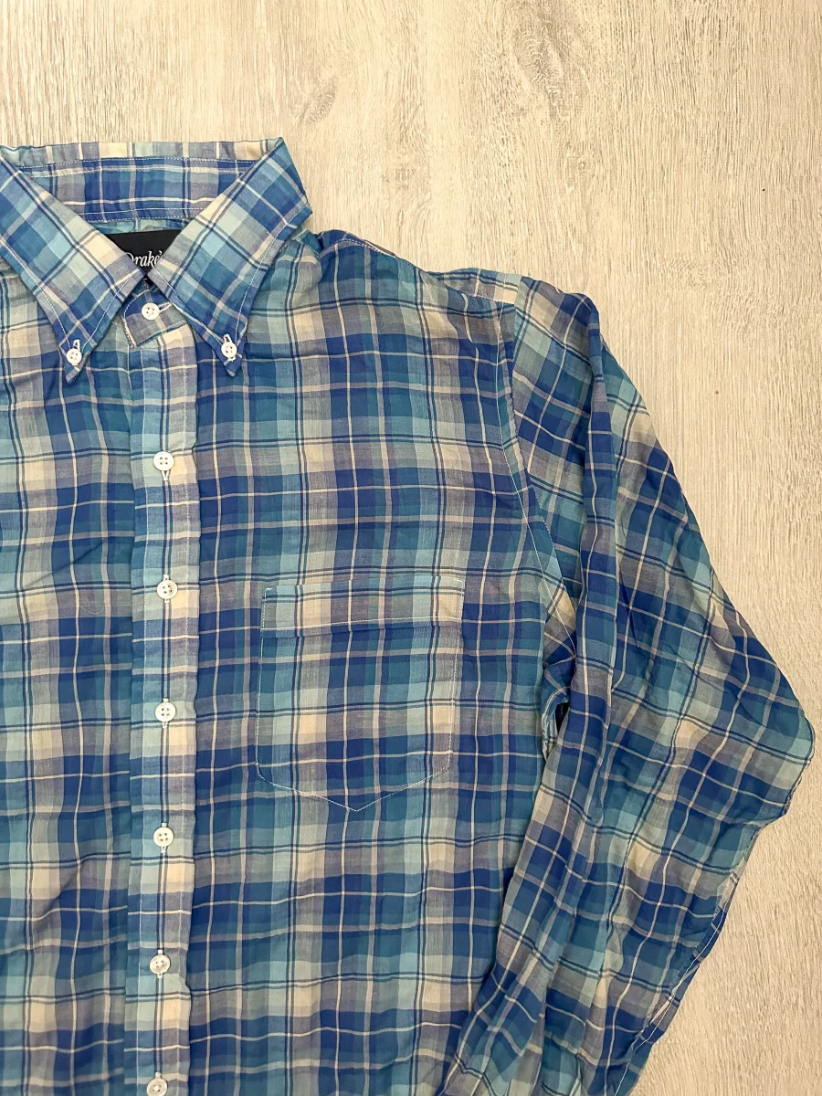 Drake's Blue White Light Weight Check Long Sleeve Collared Shirt - Imagen 5