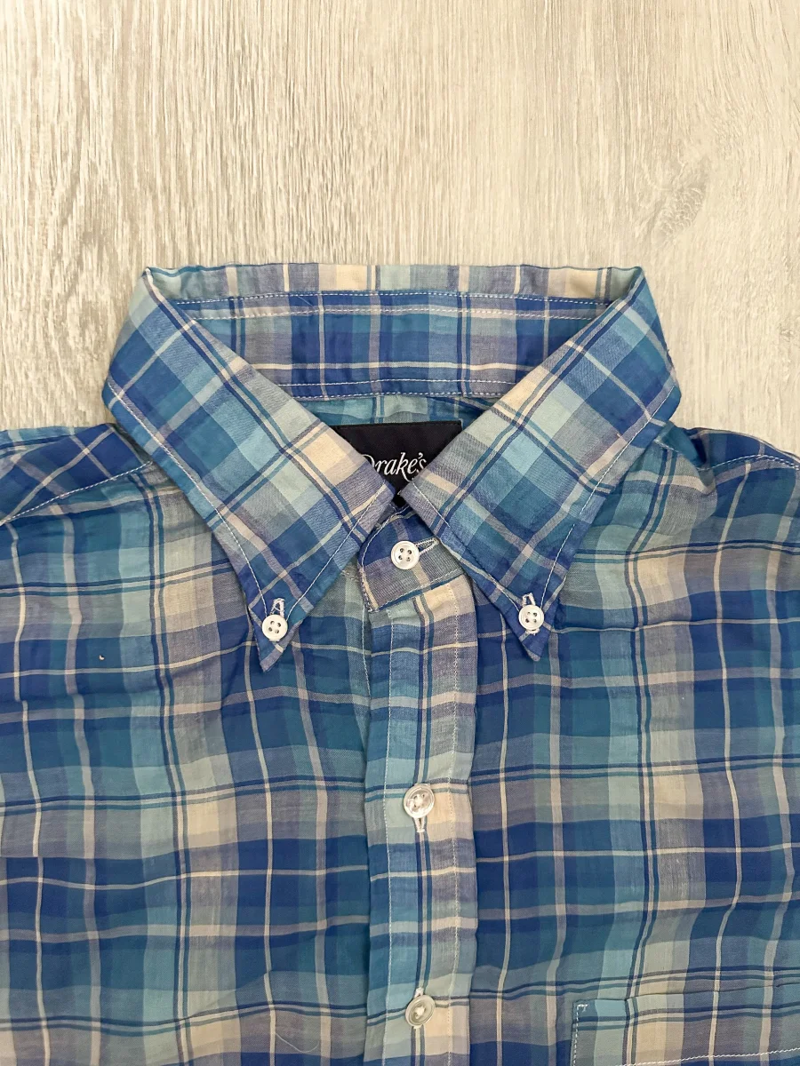 Drake's Blue White Light Weight Check Long Sleeve Collared Shirt - Imagen 6