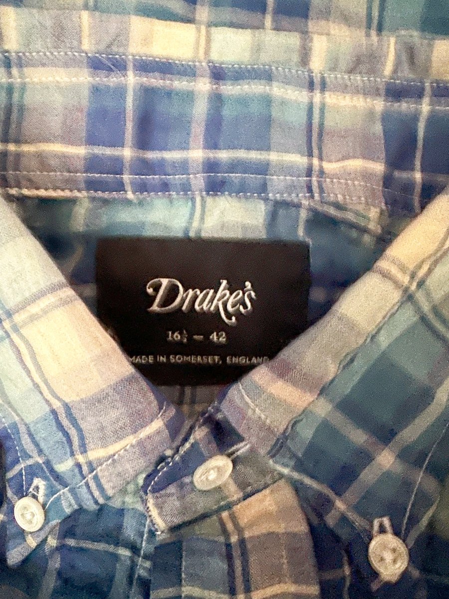 Drake's Blue White Light Weight Check Long Sleeve Collared Shirt - Imagen 7