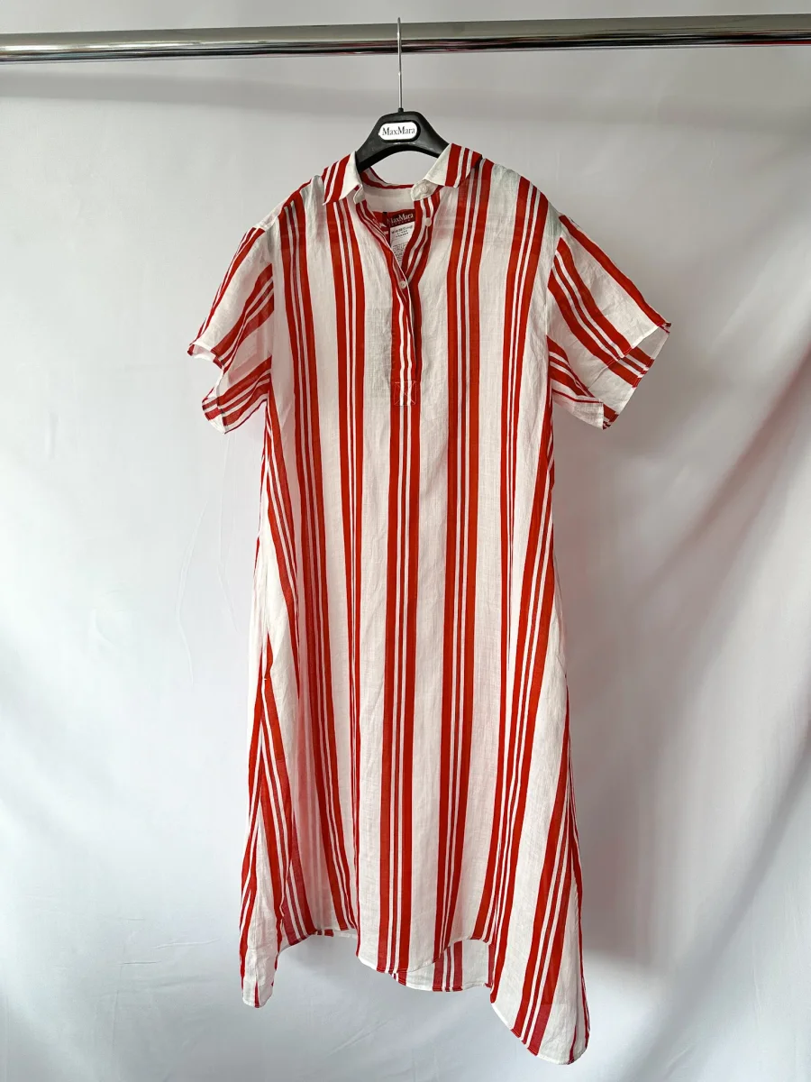 Max Mara Red White Striped Ramie Fabric Shirt Dress - Imagen 2