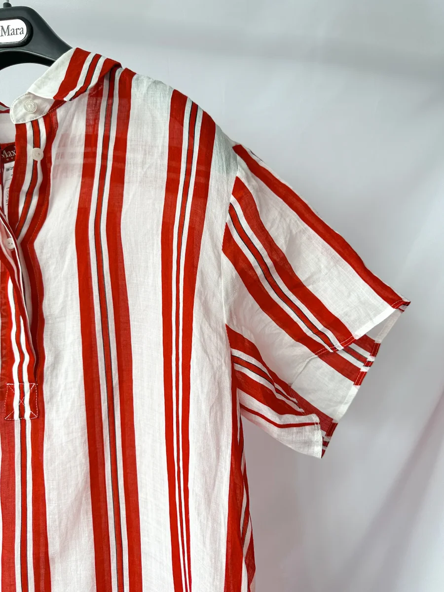 Max Mara Red White Striped Ramie Fabric Shirt Dress - Imagen 7