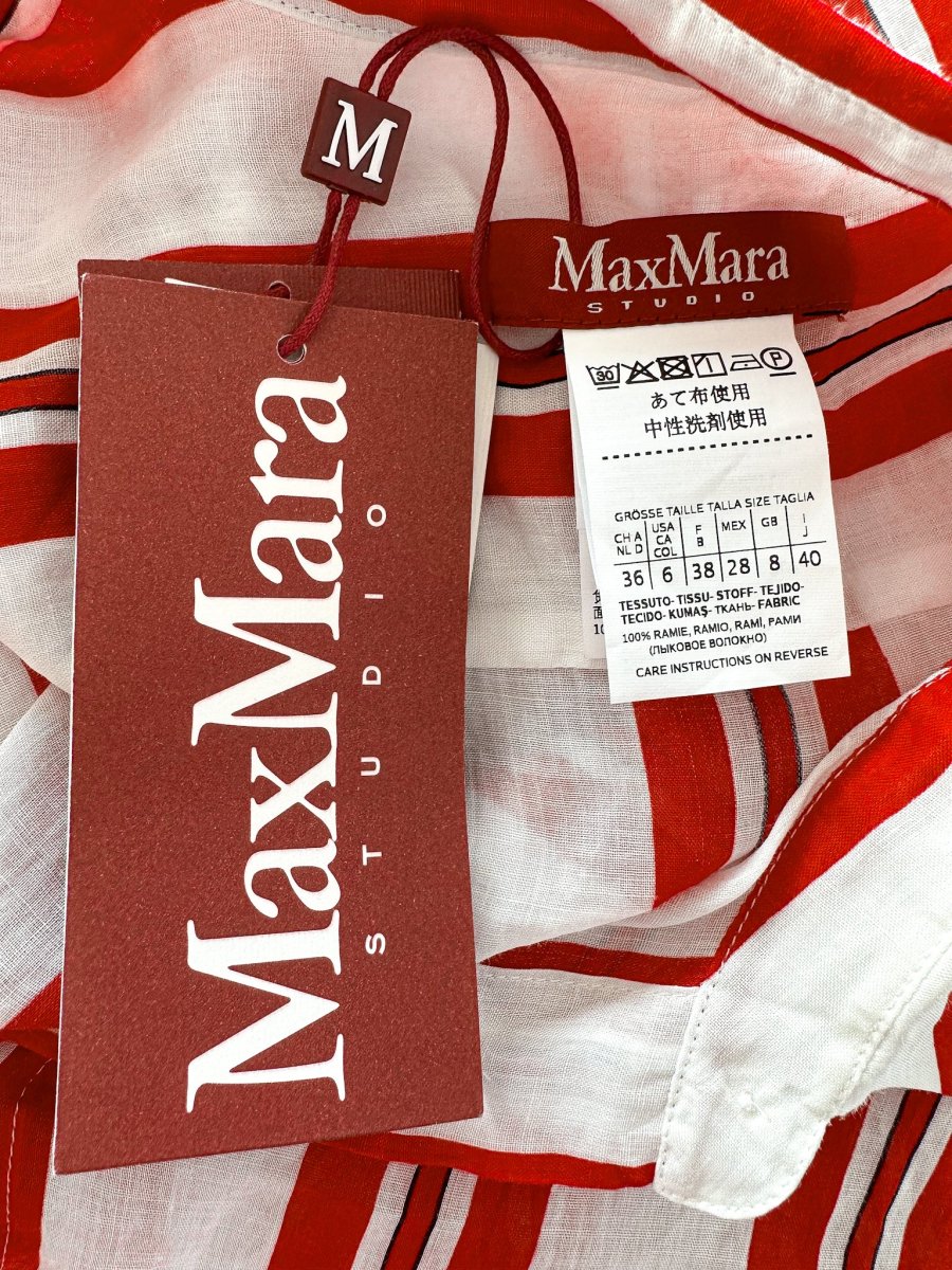 Max Mara Red White Striped Ramie Fabric Shirt Dress - Imagen 6