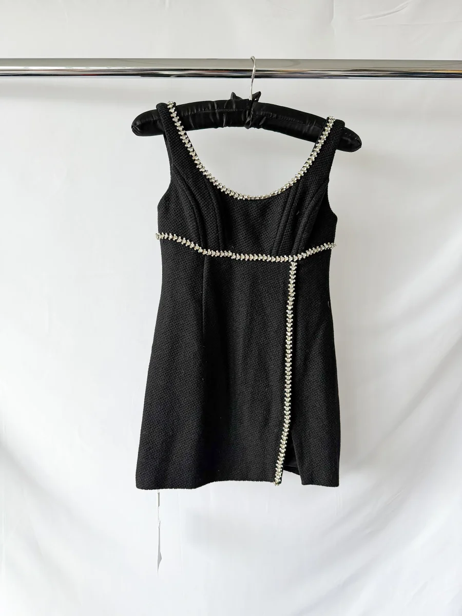 Self-Portrait Black Tweed Embellished Mini Dress - Imagen 4
