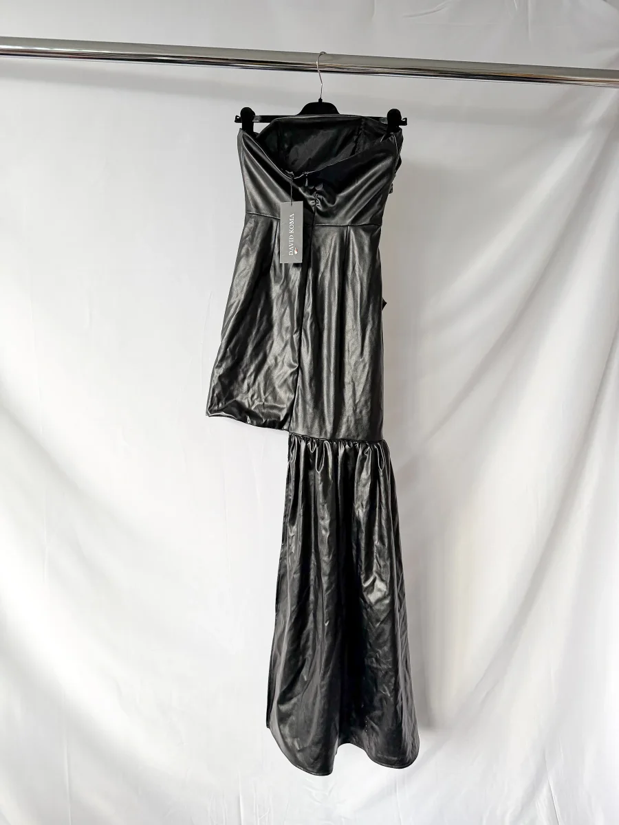 David Koma Black Pleather Strapless Train Detail Mini Dress - Imagen 7