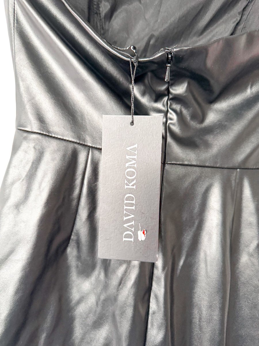 David Koma Black Pleather Strapless Train Detail Mini Dress - Imagen 8