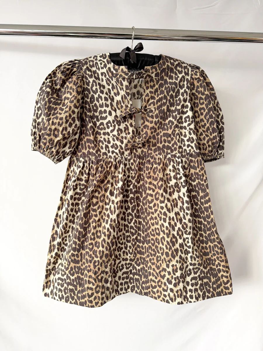 Ganni Leopard Print Poplin Puff Sleeve Tie-up Front Mini Dress - Imagen 3