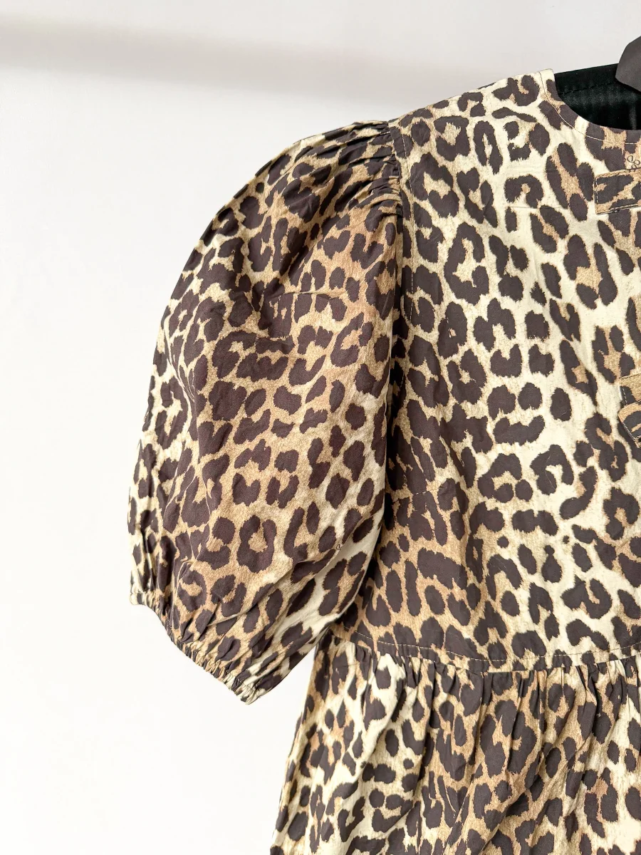 Ganni Leopard Print Poplin Puff Sleeve Tie-up Front Mini Dress - Imagen 6