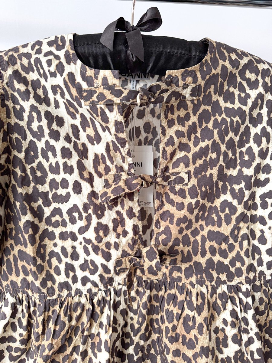 Ganni Leopard Print Poplin Puff Sleeve Tie-up Front Mini Dress - Imagen 7