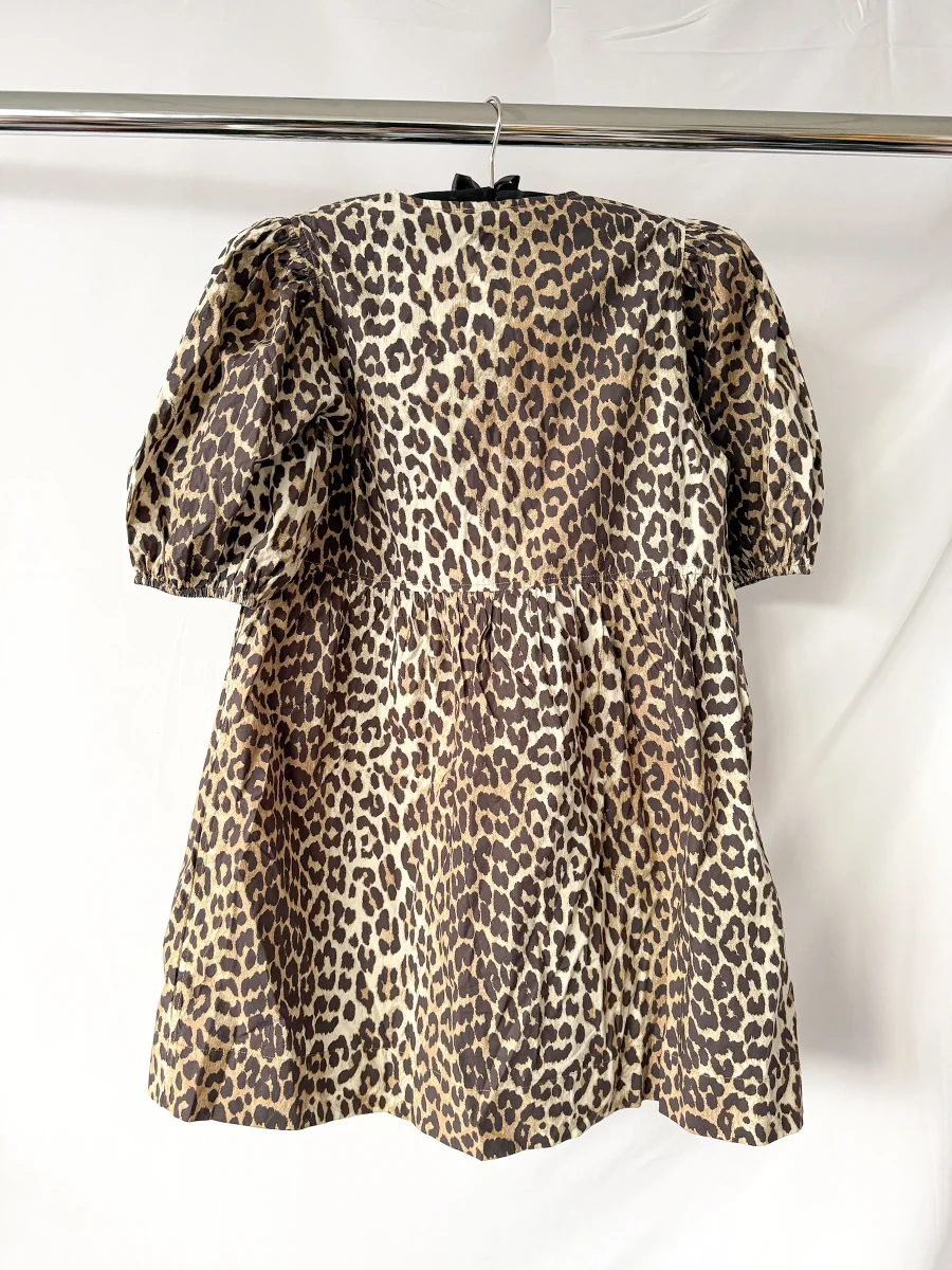 Ganni Leopard Print Poplin Puff Sleeve Tie-up Front Mini Dress - Imagen 5