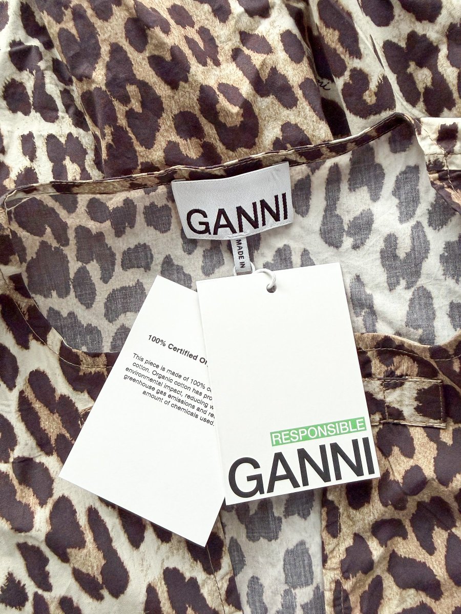 Ganni Leopard Print Poplin Puff Sleeve Tie-up Front Mini Dress - Imagen 4