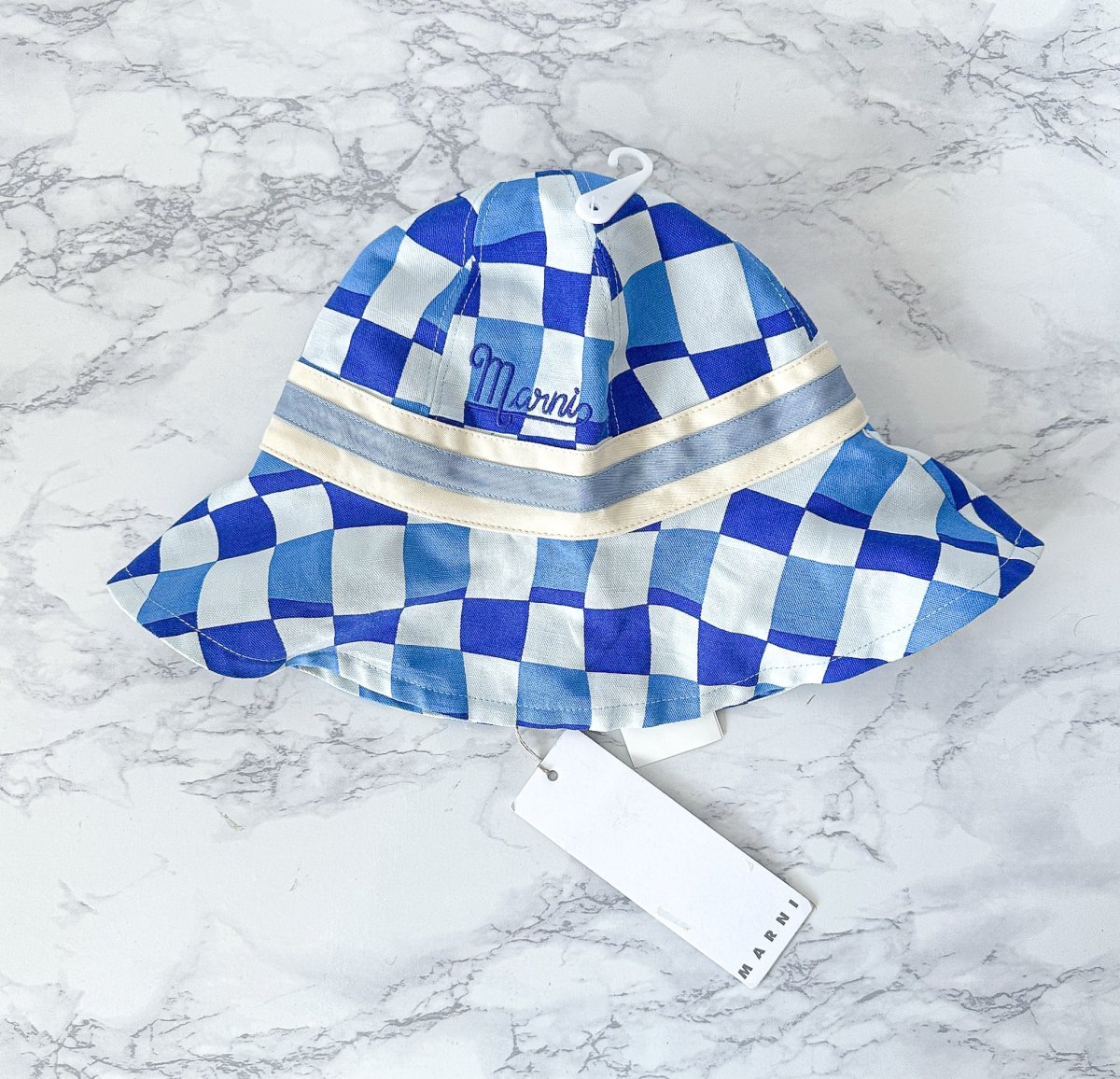 Marni Blue Logo-Embroidered Checked-Canvas Bucket Hat - Imagen 7