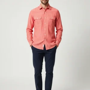 Drake's Red Cotton Double Pocket Long Sleeve Shirt