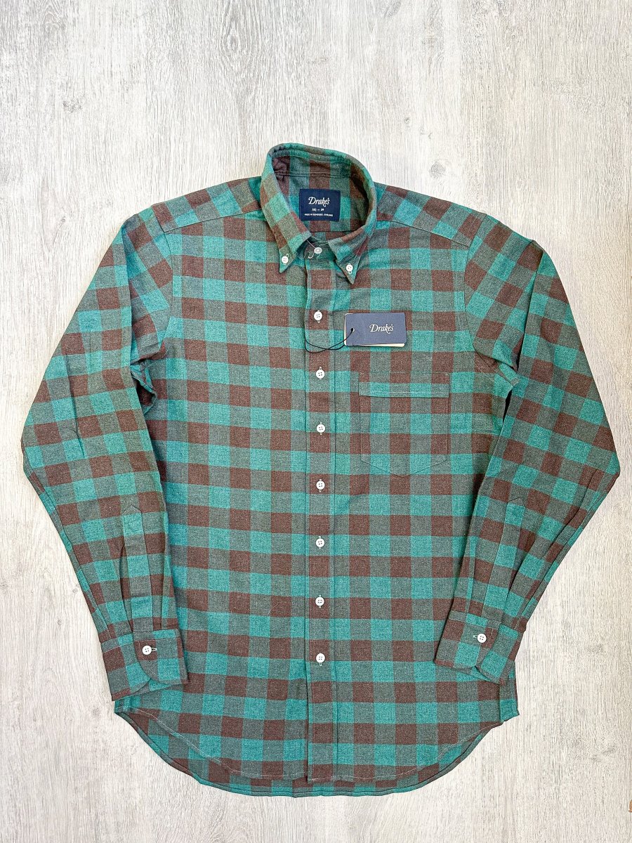 Drake's Check Brushed Cotton Green Black Double Pocket Work Shirt - Imagen 2