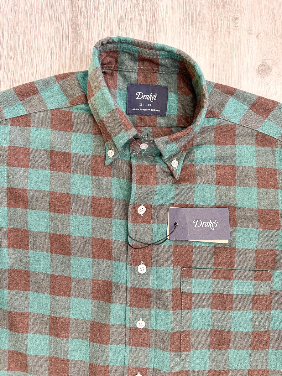 Drake's Check Brushed Cotton Green Black Double Pocket Work Shirt - Imagen 6