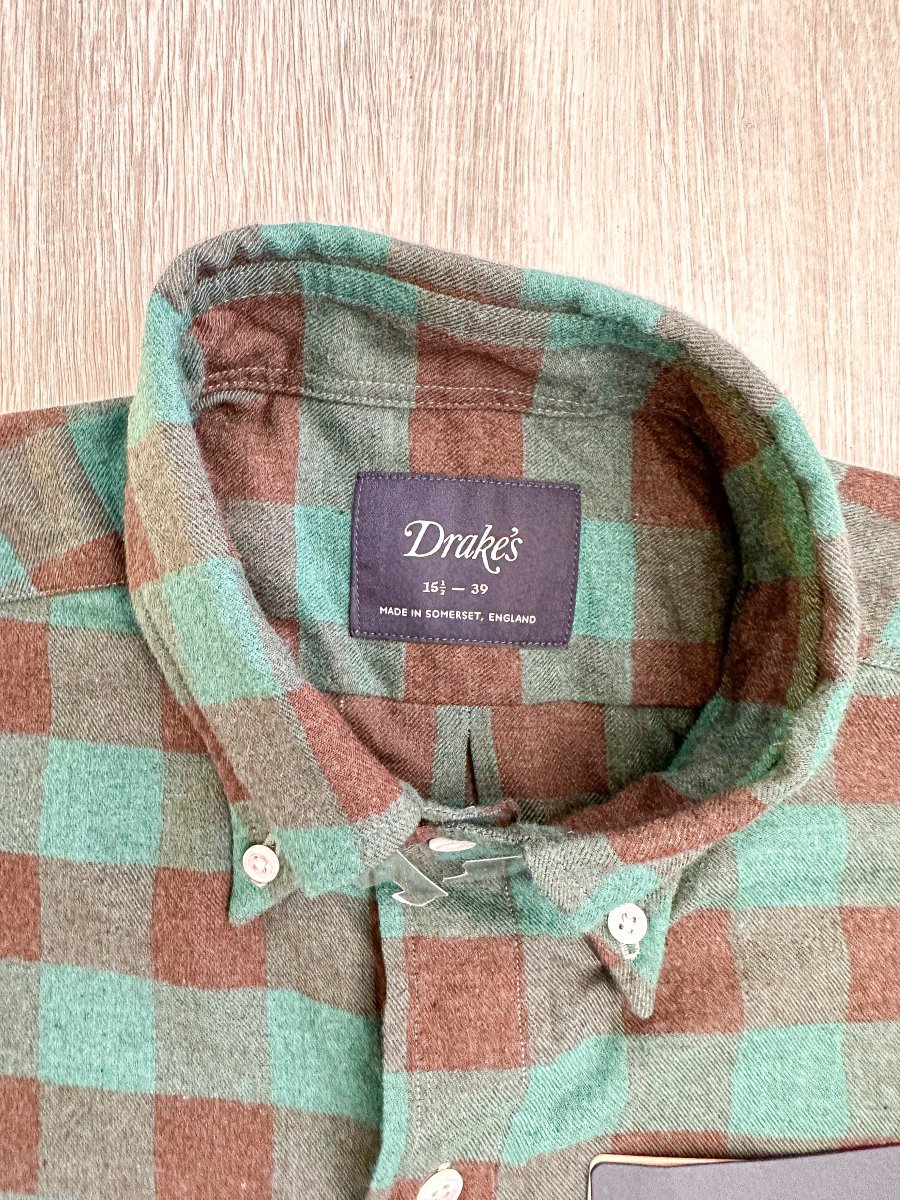 Drake's Check Brushed Cotton Green Black Double Pocket Work Shirt - Imagen 7