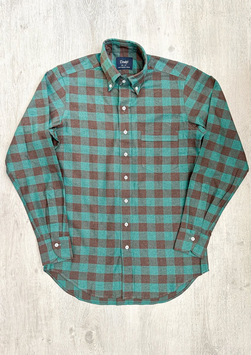 Drake's Check Brushed Cotton Green Black Double Pocket Work Shirt - Imagen 9