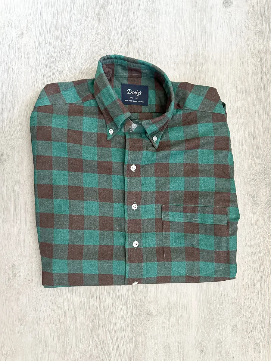 Drake's Check Brushed Cotton Green Black Double Pocket Work Shirt - Imagen 4