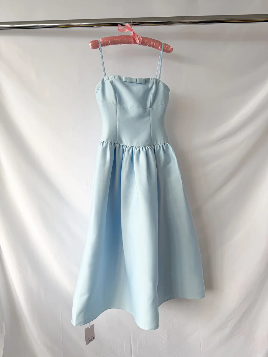 Self-Portrait Powder Blue Bow Detail Taffeta Flared Dress - Imagen 5
