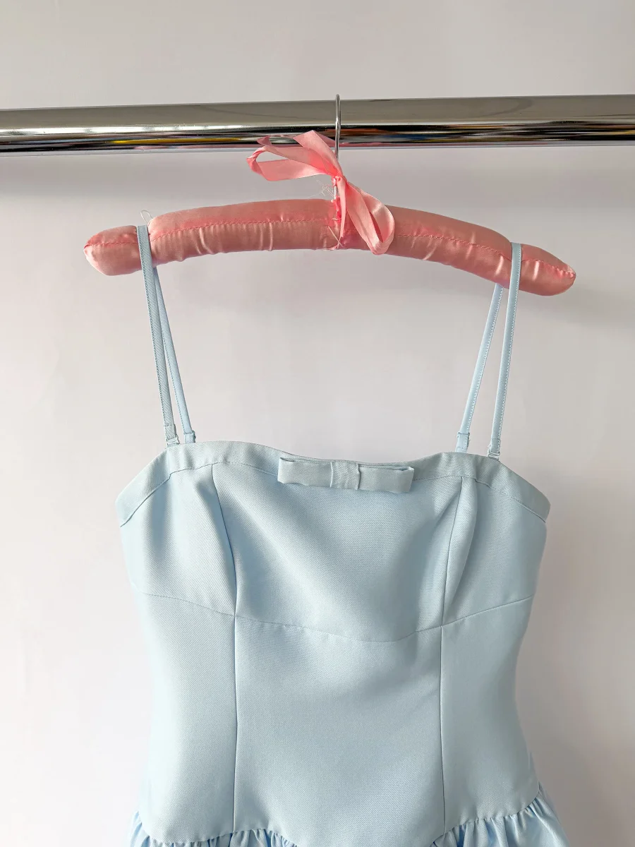 Self-Portrait Powder Blue Bow Detail Taffeta Flared Dress - Imagen 6