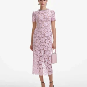 Self-Portrait Pink Floral Lace Pearl Embellished Neck Belted Midi Dress
